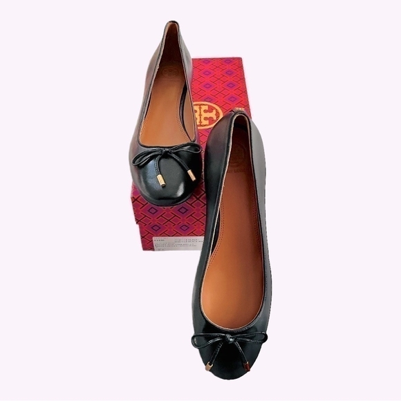 TORY BURCH Brooke Bow 25MM Black Nappa Leather Ballet Heels Size 5.5 - Picture 4 of 8